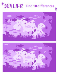 The submarine explores the depths of the sea. Marine life swims at the bottom of the sea.
  Find 10 differences. Educational game for children. Cartoon vector illustration