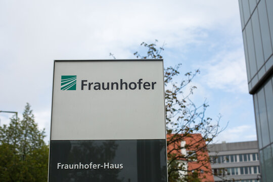 Munich, Germany - Sept 16, 2021: Sign with writing "Fraunhofer" and "Fraunhofer-Haus".