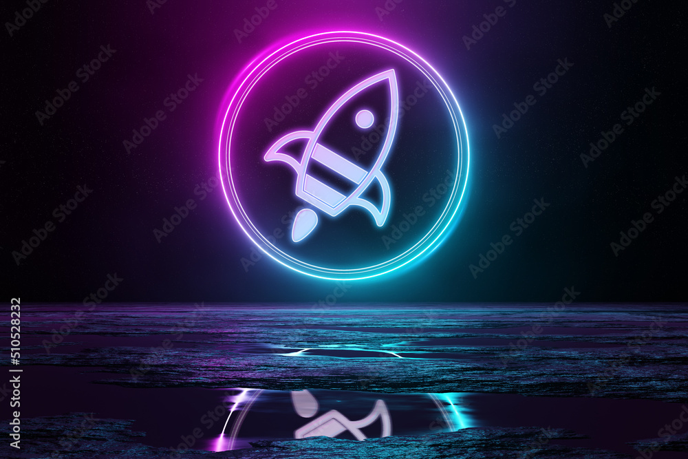 Poster digital rocket holographic icon illuminating the floor with blue and pink neon light 3d rendering