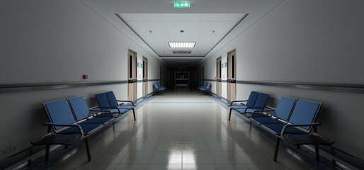 Long dark hospital corridor with rooms and seats 3D rendering. Empty accident and emergency interior with bright lights lighting the hall from the ceiling