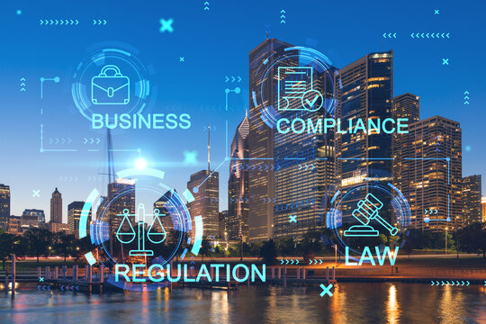 Downtown skyscrapers city view, Chicago skyline panorama over Lake Michigan, harbor area, night time, Illinois, USA. Legal icons hologram. The concept of law, order, regulations and digital justice