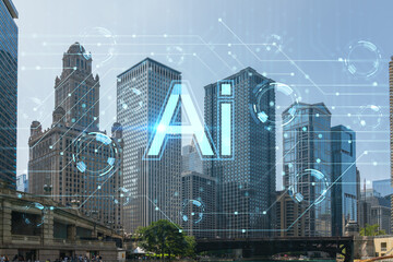 Plakat Panorama cityscape of Chicago downtown and Riverwalk, boardwalk with bridges at day time, Illinois, USA. Artificial Intelligence concept. AI and business, machine learning, neural network, robotics
