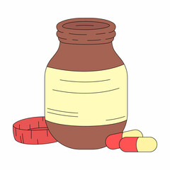 A bottle of pills in cartoon style. Vector illustration isolated on white