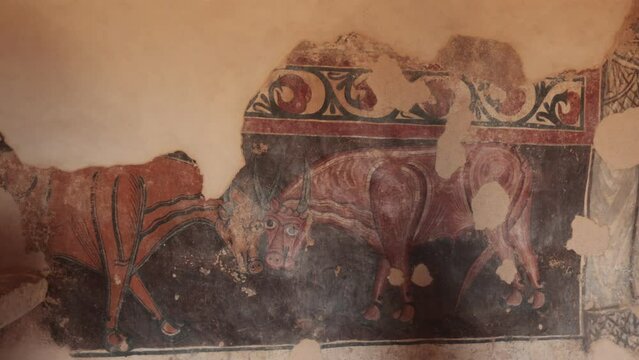 Wall paintings inside of Hermitage of San Baudelio de Berlanga, province of Soria, Spain. Old frescoes, cultural heritage.