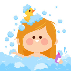 Naklejka premium Little child in the bathroom taking a bubble bath. Vector illustration
