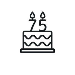 Birthday cake line icon with candle number 75 (seventy-five). Vector.