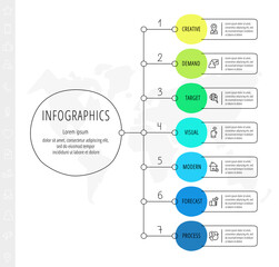 Vector circle thin line infographics with seven options. Scheme modern business timeline template with 7 steps and icons. Graphic timeline for app, chart, levels, web, diagram, banner, presentations.