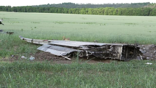 Downed military transport aircraft. Russian aggression in Ukraine. The remains of a burned-out aircraft on the field.