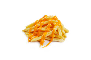 French fries heap isolated with a cheese sauce topping on white background