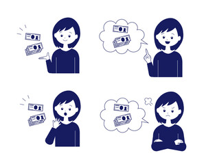 女性とお金のイラスト素材（単色）