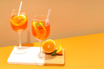 Concept of fresh alcohol drink, Aperol Spritz, space for text