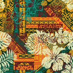 Hawaiian style hibiscus and tribal element fabric patchwork abstract vintage vector seamless pattern 