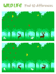 Wild animals in the forest. Deer around the tree, rabbits run, birds fly. Find 10 differences. Educational game for children. Cartoon vector illustration