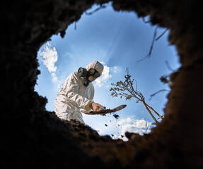 View from inside pit of ecologist digging pit by shovel and planting tree, wearing gas mask and...