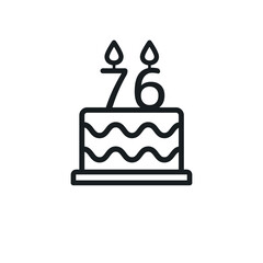 Birthday cake line icon with candle number 76 (seventy-six). Vector.