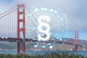 The iconic view of the Golden Gate Bridge from South side, day time, San Francisco, California, United States. Glowing hologram legal icons. The concept of law, order, regulations and digital justice