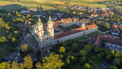 Monastary of Saint Florian (Sankt Florian) in upper Austria in the evening sun - aerial shot
