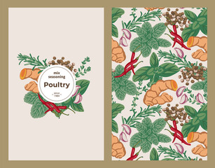 Label cover and seamless pattern seasoning for poultry Basil, Ginger, Chili pepper, Garlic, Allspice, Rosemary, Mint, Turmeric, Thyme. Flat style