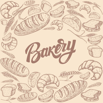Bakery background with hand drawn bread illustrations. Design element for package, banner, flyer, card. Vector illustration