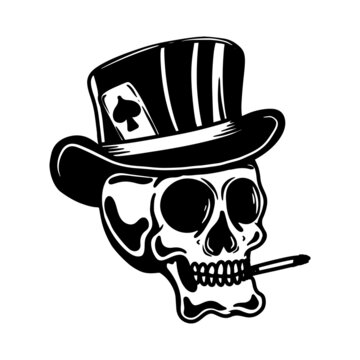 Illustration of poker skull in vintage hat.  Design element for poster, card, banner, emblem, sign. Vector illustration