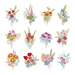 A bouquet of flowers in minimalist graphics: Rose, Gerbera, Chrysanthemum, Tulip, Pion, Orchid, Narcissus, Calla, Iris, Gladiolus, Ranunculus, Dahlia, Carnation, Anthurium, Alstroemeria. Line art.