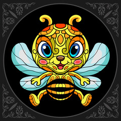 Colorful cute bee cartoon zentangle arts. isolated on black background.
