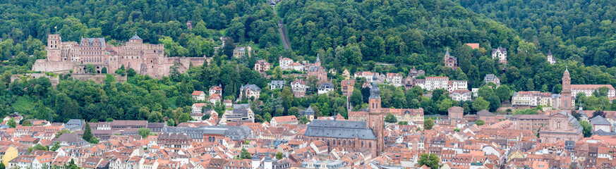 Fototapeta na wymiar Panorama with Heidelberg's landmarks: Heidelberg Palace, the church of the holy spirit (Heiliggeistkirche) and the catholic church of the Jesuits.