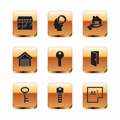 Set Market store, House key, Garage, Realtor, plan and Man dreaming about buying house icon. Vector