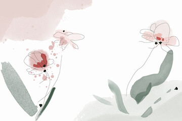 Floral line arts cover. Minimalistic modern line art Flower with abstract shape background for print, beauty and fashion. Organic shapes, Watercolor