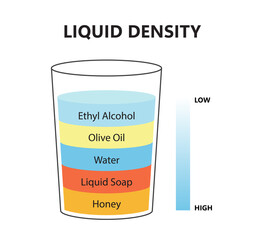 Liquid density scientific experiment concept. Separate fluid layers. Laboratory experiment with density of oil, water, honey, soap and alcohol. Different types of liquid in glass. Vector illustration.
