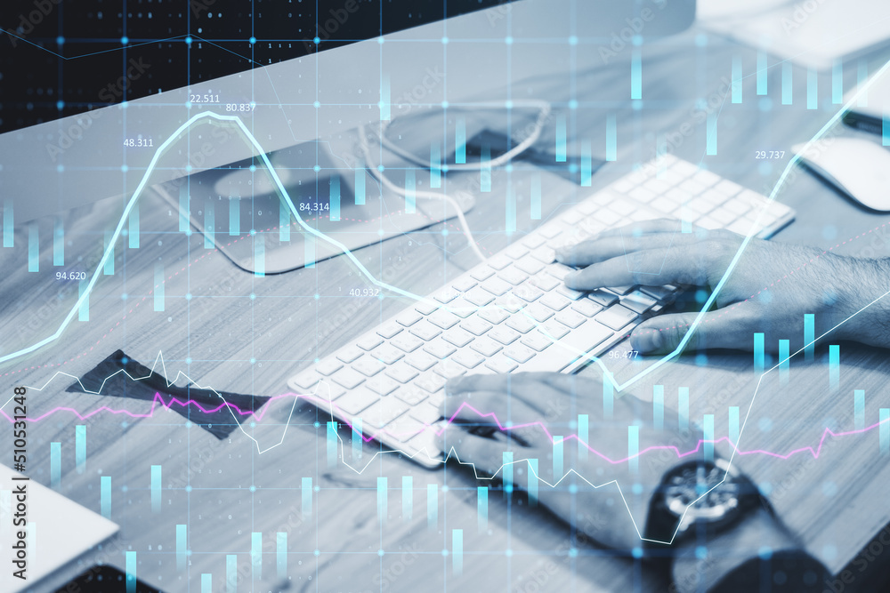 Poster Close up of hands using keyboard on desktop with abstract glowing forex graph on blurry background with candlestick. Invest, trade and broker concept. Double exposure.