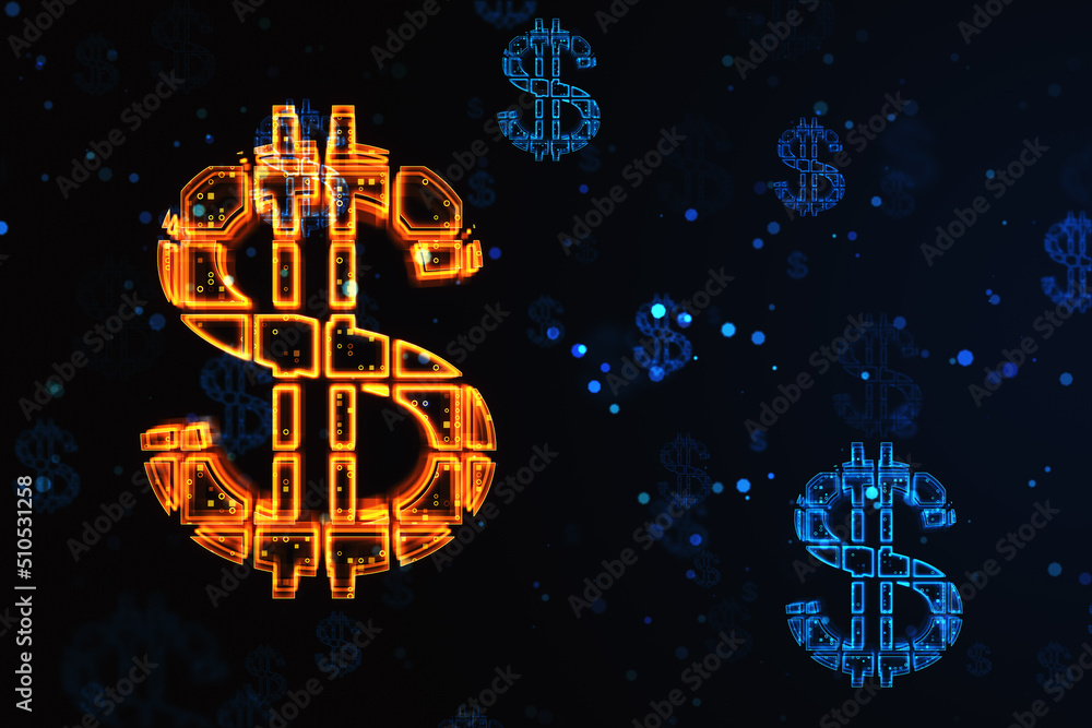 Poster glowing dollar sign on dark background. online banking and currency concept. 3d rendering.