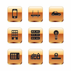 Set Smartphone, Graphic tablet, House, Server, Data, Web Hosting, Car, Security camera and Router and wi-fi signal icon. Vector