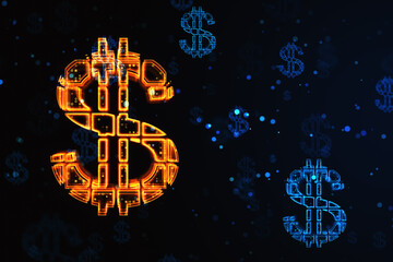 Glowing dollar sign on dark background. Online banking and currency concept. 3D Rendering.