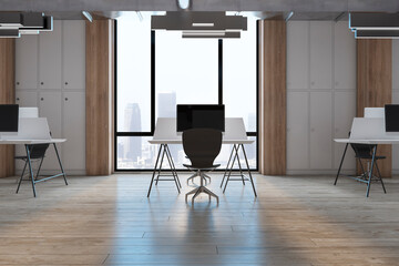 Front view on minimalistic style workspace with modern computer on white table and black chair on sunlit modern coworking office with city view from big window. 3D rendering