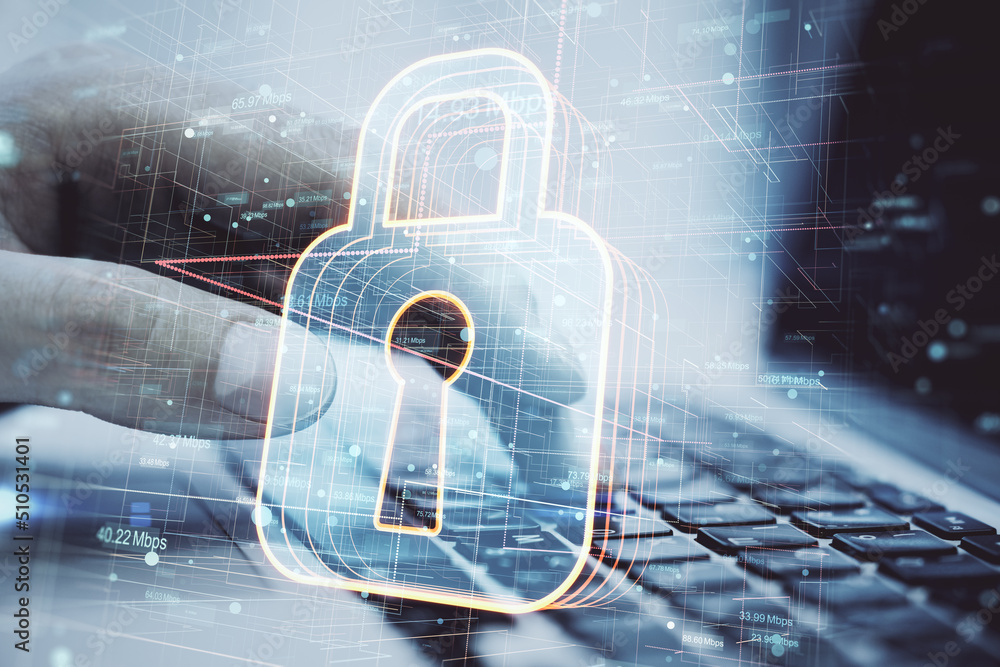 Poster cyber security and personal data protection concept with digital lock and keyhole inside icon on man