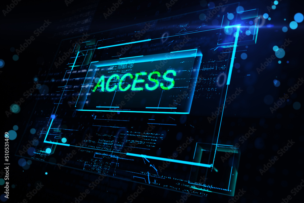 Aufkleber Data protection, secure internet access and cybersecurity concept with digital green glowing sign in virtual frame on abstract dark background. 3D rendering