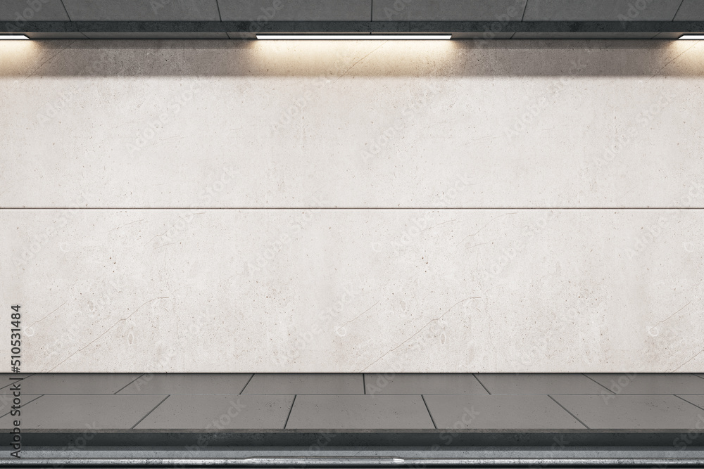 Poster Front view on light grey blank wall for advertising billboard in empty metro station with rails and dark floor. 3D rendering, mockup