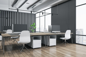Fototapeta na wymiar Perspective view on modern interior design coworking office with white chairs, wooden floor and tables and city view from huge windows. 3D rendering
