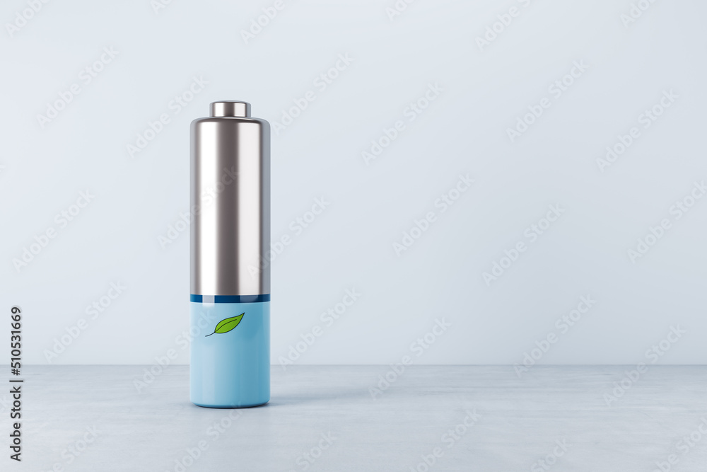 Poster green technology, nature resources and green energy concept with green leaf printed on blue and silv