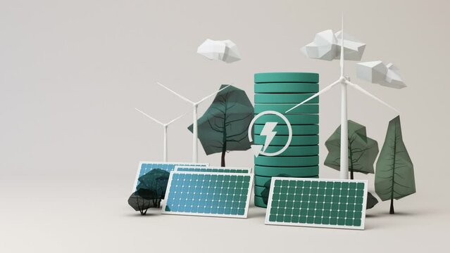 The concept of using renewable natural energy In the form of a charging station symbol surrounded by trees, windmills and solar cells on a white background. 3d rendering animation loop