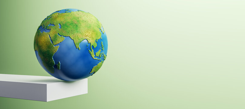Abstract image of globe on edge of white block trampoline and mock up place on wide green background. 3D Rendering.