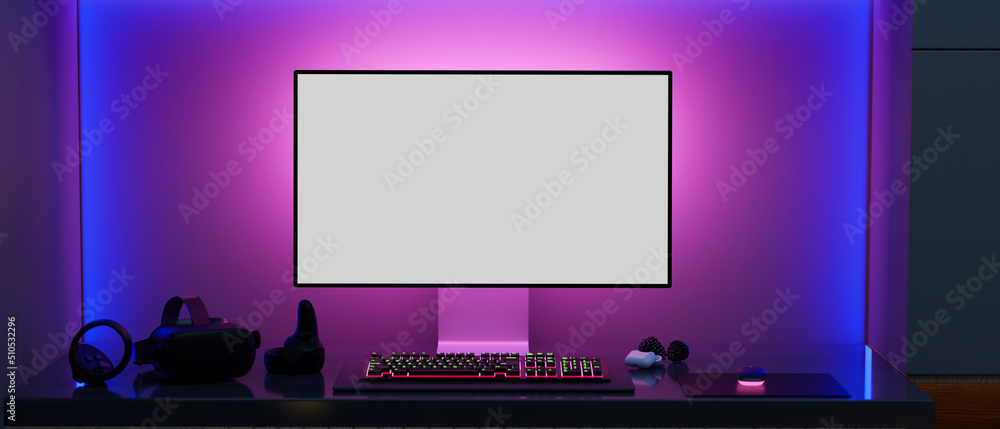 Poster modern gamer computer desk setup with rgb lights on the background, pc computer