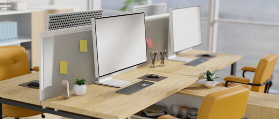 Fototapeta na wymiar Modern stylish creative office workstation interior design with pc computer