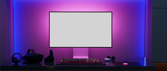 Modern gamer computer desk setup with RGB lights on the background, PC computer © bongkarn