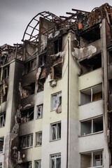 Cities of Ukraine after the Russian occupation. Houses that burned down after being hit by rockets, mines. Irpin, Bucha, Gostomel.