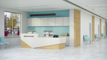 Modern hospital or clinic reception waiting area interior design with reception desk