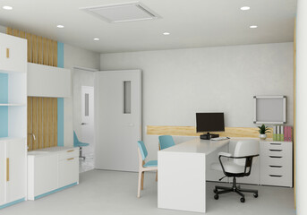 Modern white and bright doctor office or medical office interior with computer on doctor office desk