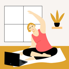 Online pregnant yoga studio. Future mother doing aerobic exercises in front of the laptop. Woman expecting a baby practicing yoga. Vector flat illustration