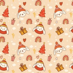 Christmas seamless pattern on pink background. Cute rabbits and boho elements. Merry Christmas and Happy New Year - Year of the Rabbit 2023.